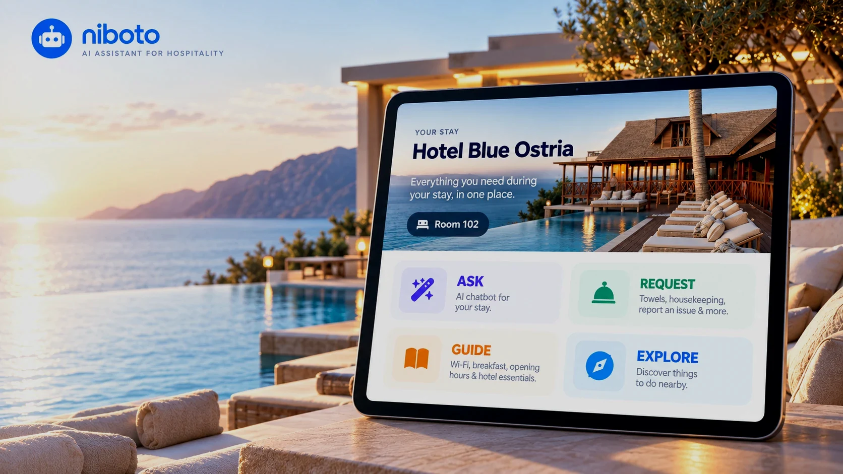 Niboto hotel guest portal on a luxury resort background