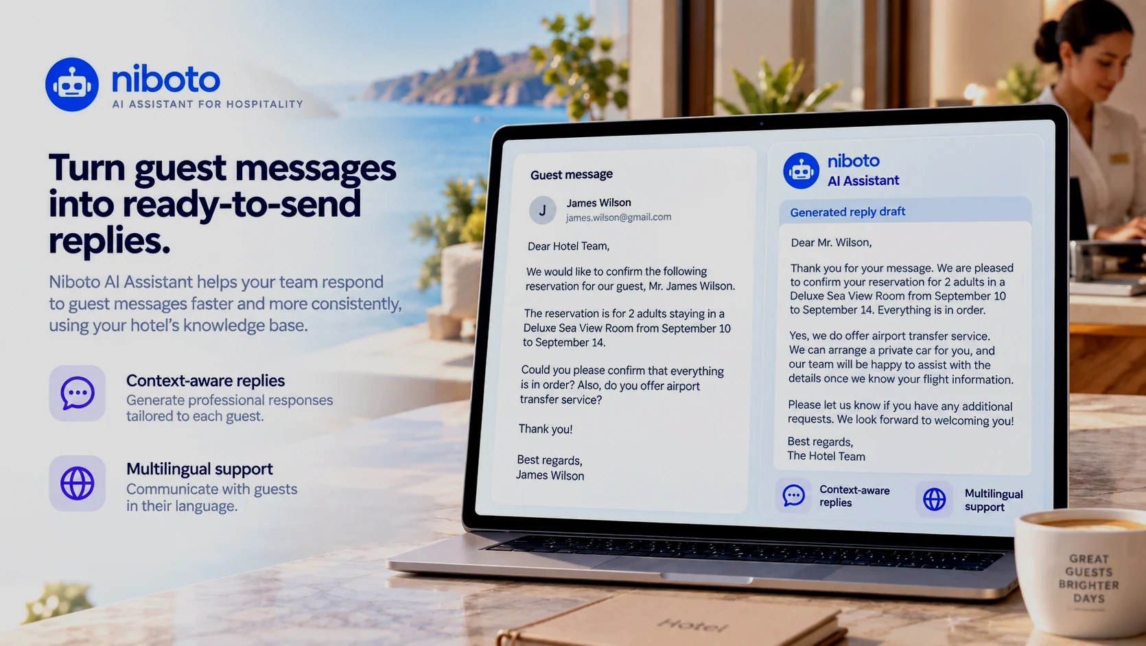 Niboto AI assistant generating hotel email reply drafts