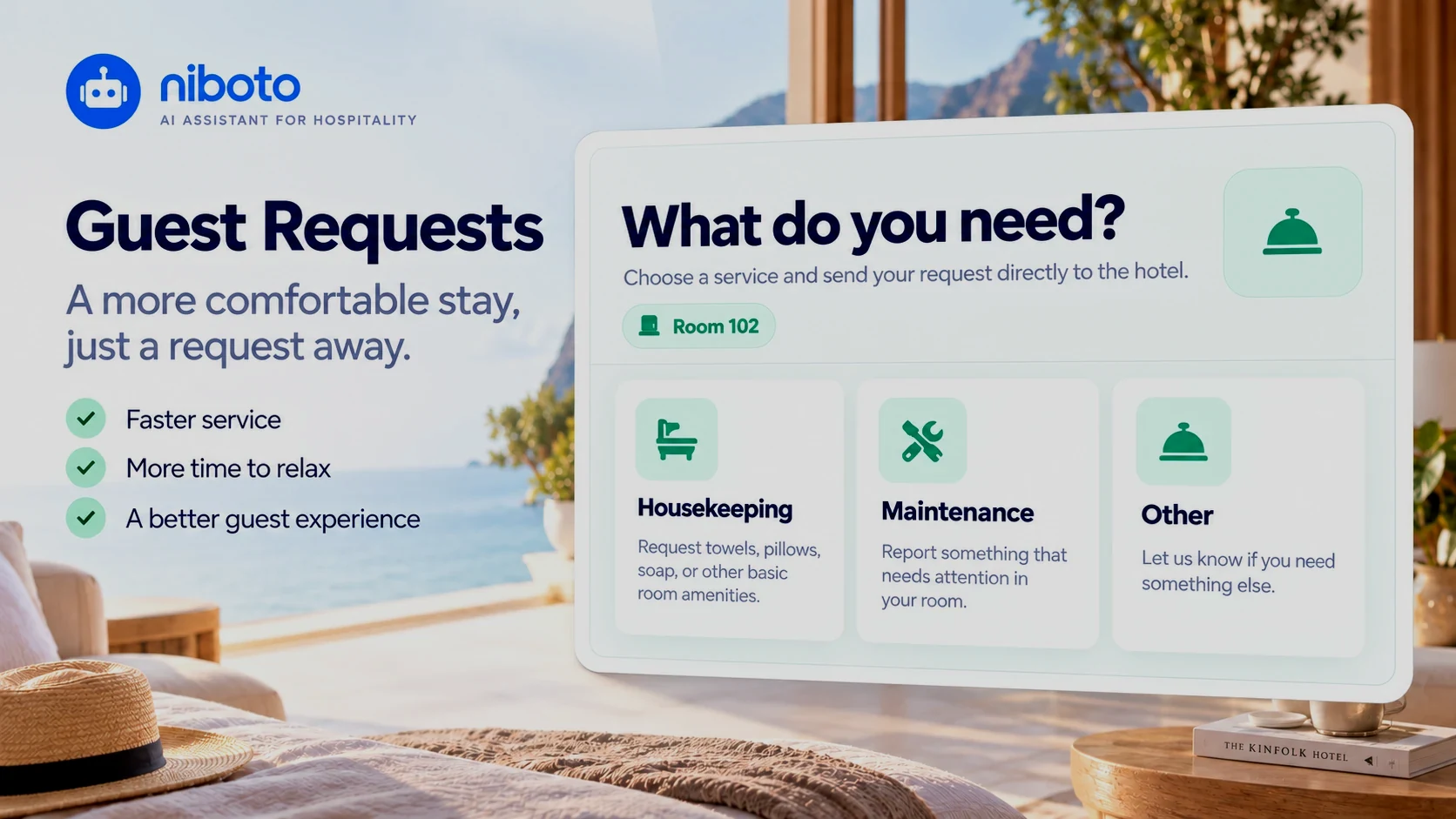 Guest request interface showing housekeeping, maintenance, and other hotel requests