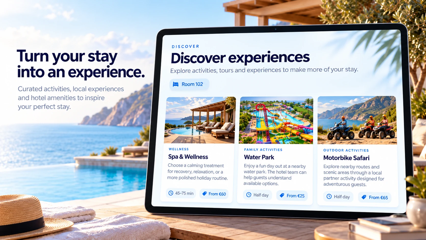 Guest experiences portal with spa, water park, and motorbike safari options